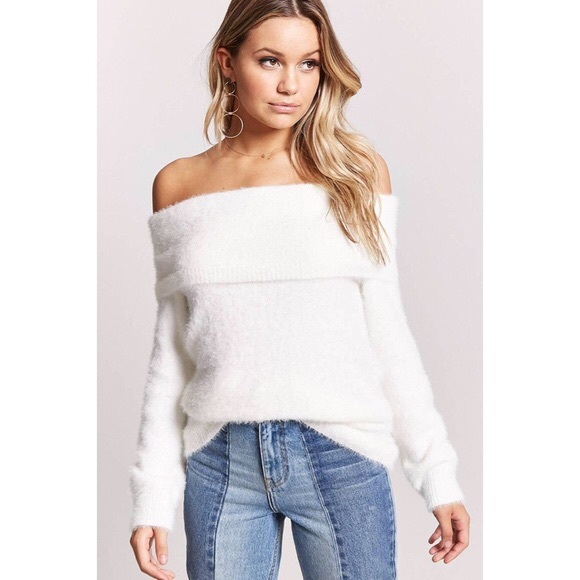 Forever 21 Sweaters - Forever21 Fuzzy Foldover Off Shoulder Sweater